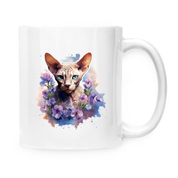 Hrnek malý bílý s potiskem Sphynx kočka s květinami