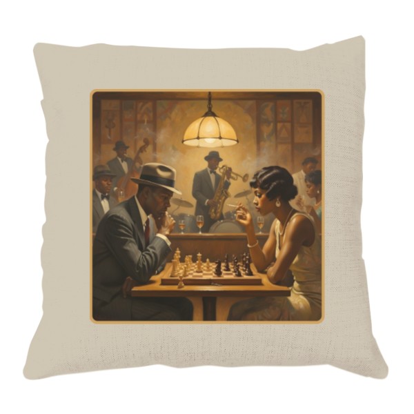Polštář lněný vzhled s potiskem Jazz & Chess ke spaní