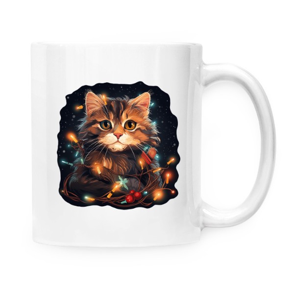 Hrnek malý bílý s potiskem Kočka s vánočními světýlky