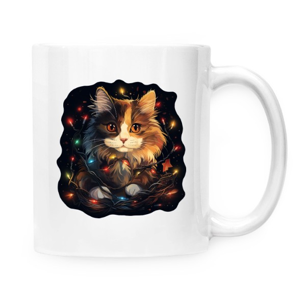 Hrnek malý bílý s potiskem Kočka s vánočními světýlky