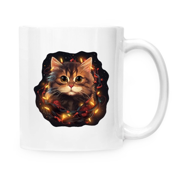 Hrnek malý bílý s potiskem Kočka s vánočními světýlky