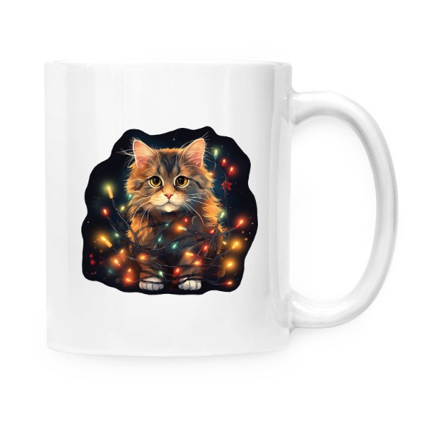 Hrnek malý bílý s potiskem Kočka s vánočními světýlky