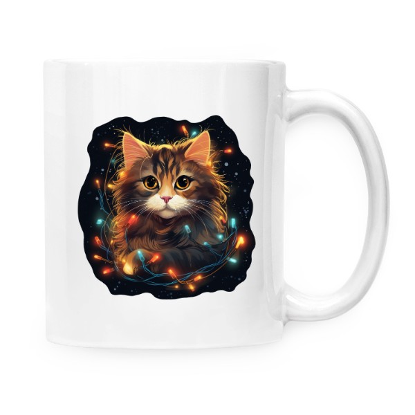 Hrnek malý bílý s potiskem Kočka s vánočními světýlky