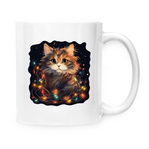 Hrnek malý bílý s potiskem Kočka s vánočními světýlky