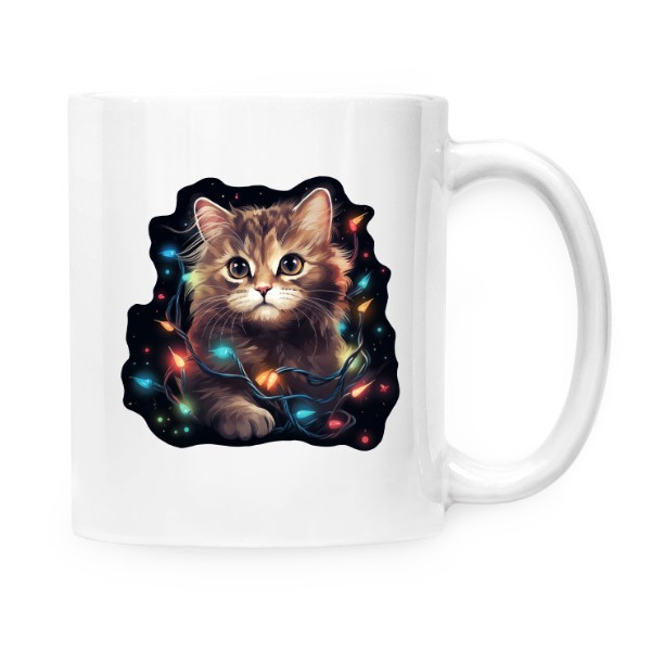 Hrnek malý bílý s potiskem Kočka s vánočními světýlky