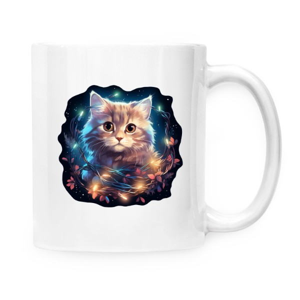 Hrnek malý bílý s potiskem Kočka s vánočními světýlky