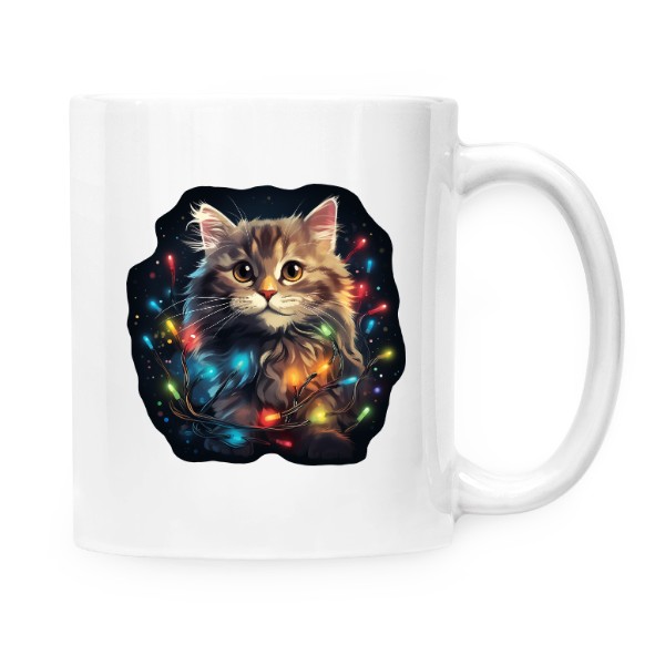 Hrnek malý bílý s potiskem Kočka s vánočními světýlky