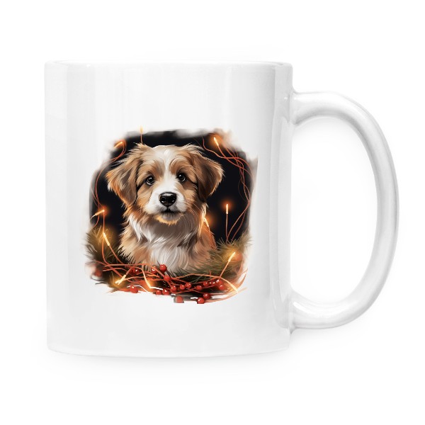 Hrnek malý bílý s potiskem Pes s vánočními světýlky