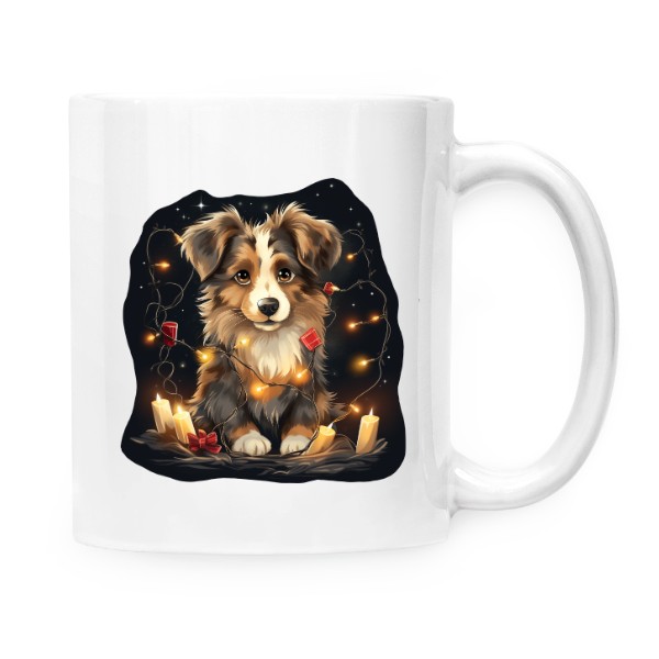 Hrnek malý bílý s potiskem Pes s vánočními světýlky