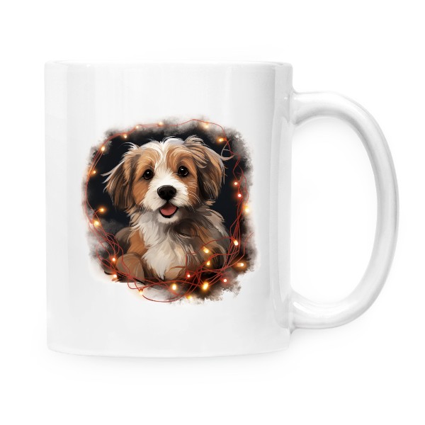 Hrnek malý bílý s potiskem Pes s vánočními světýlky