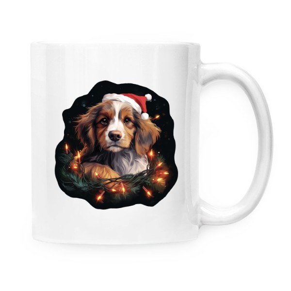 Hrnek malý bílý s potiskem Pes s vánočními světýlky