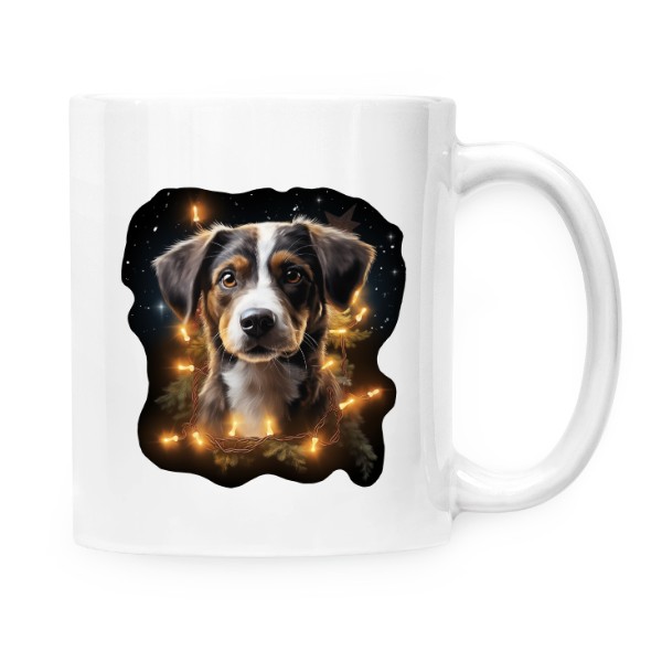 Hrnek malý bílý s potiskem Pes s vánočními světýlky