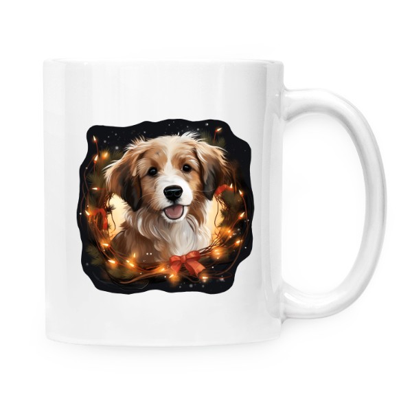 Hrnek malý bílý s potiskem Pes s vánočními světýlky