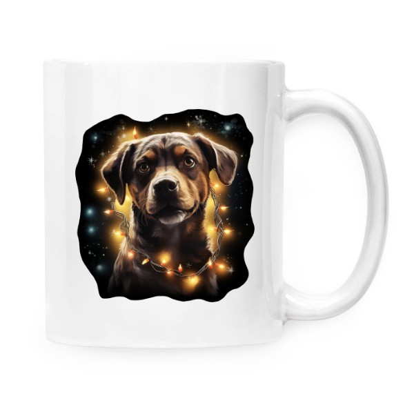 Hrnek malý bílý s potiskem Pes s vánočními světýlky