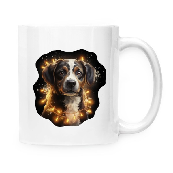 Hrnek malý bílý s potiskem Pes s vánočními světýlky