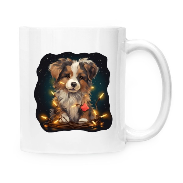 Hrnek malý bílý s potiskem Pes s vánočními světýlky