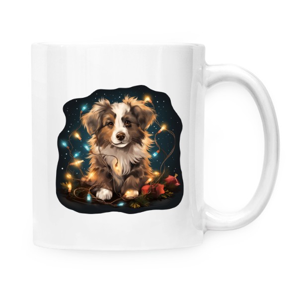 Hrnek malý bílý s potiskem Pes s vánočními světýlky